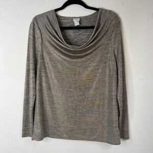 Chico's Gold Metallic Drape Cowl Neck Top Size 1 (8) Sleeve travel Holiday Party